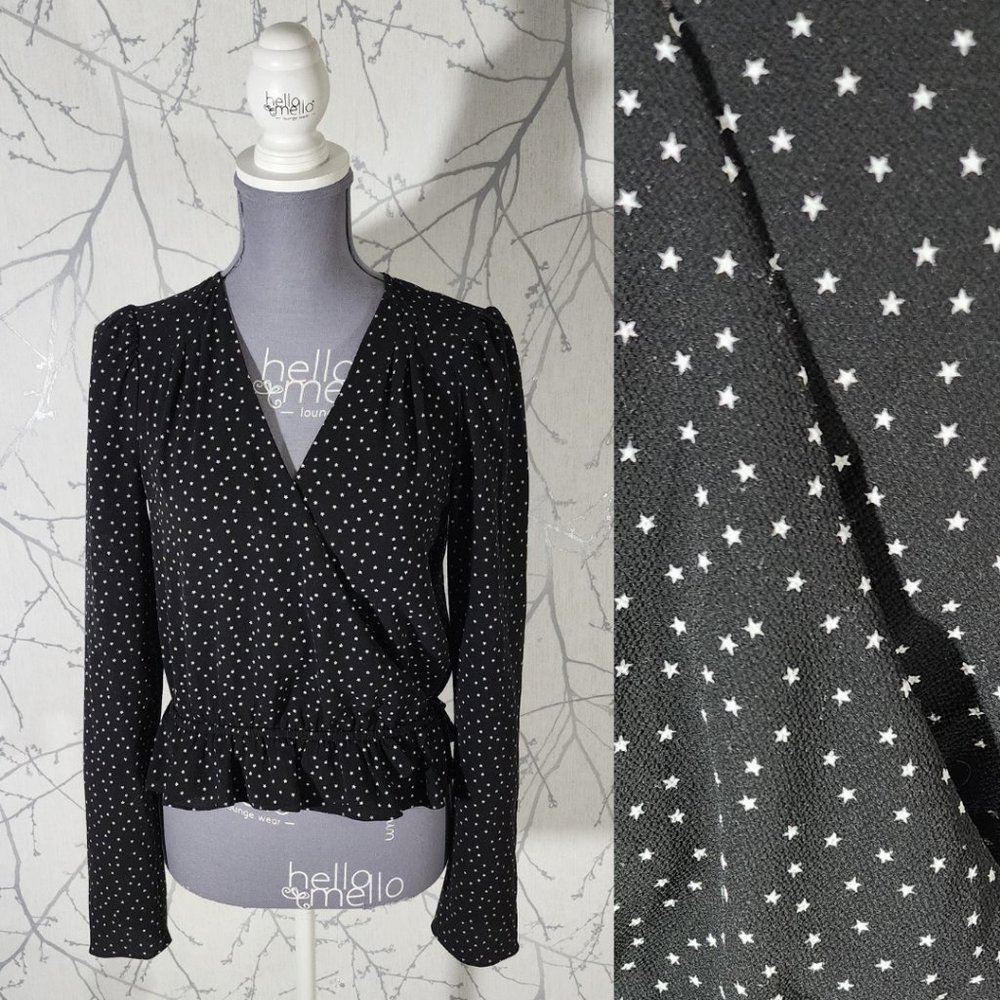 Highline Collective Black Stars Printed Surplice Peplum Crop Blouse